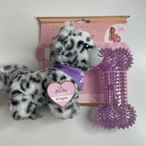 Plush Dalmatian Puppy Toy with Purple Bandana and Purple Textured Chew Toy